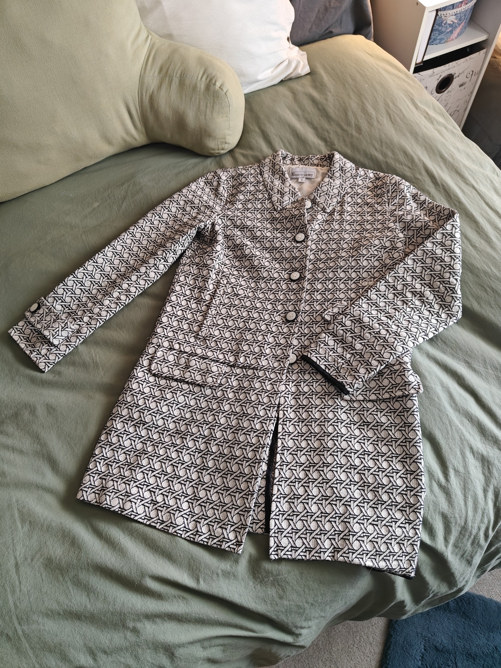 Elliott Lauren Black and White Geometric Pattern Trench Coat